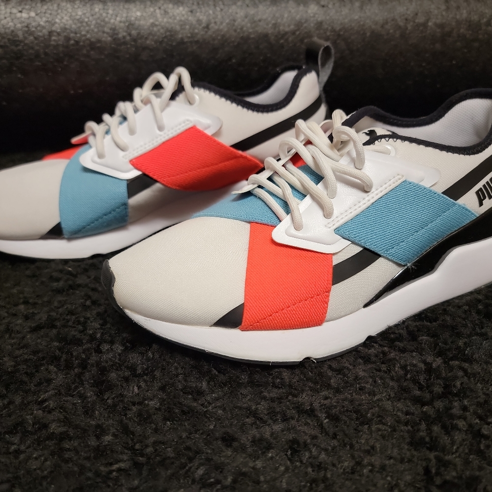 PUMA Muse X-2 Gloss Sneakers Shoes Grey Red Blue Ignite Soles Size 7